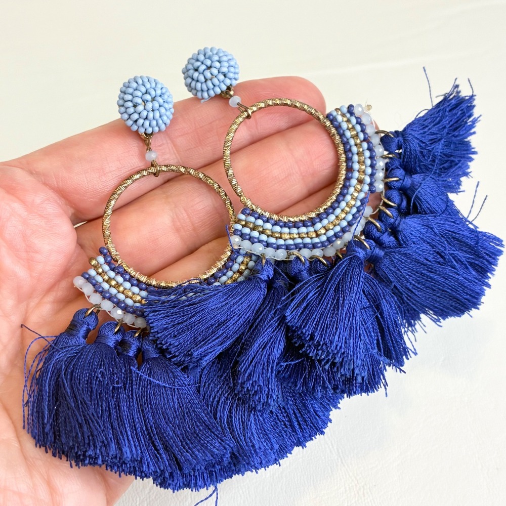 Blue Tassel Earrings Beaded Hoop Statement Dangle Gold Tone Boho Jewelry